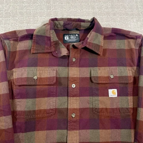Carhartt Men's Brown Flannel Shirt Button Up Plaid Check Loose Fit Size Medium - Picture 3 of 6